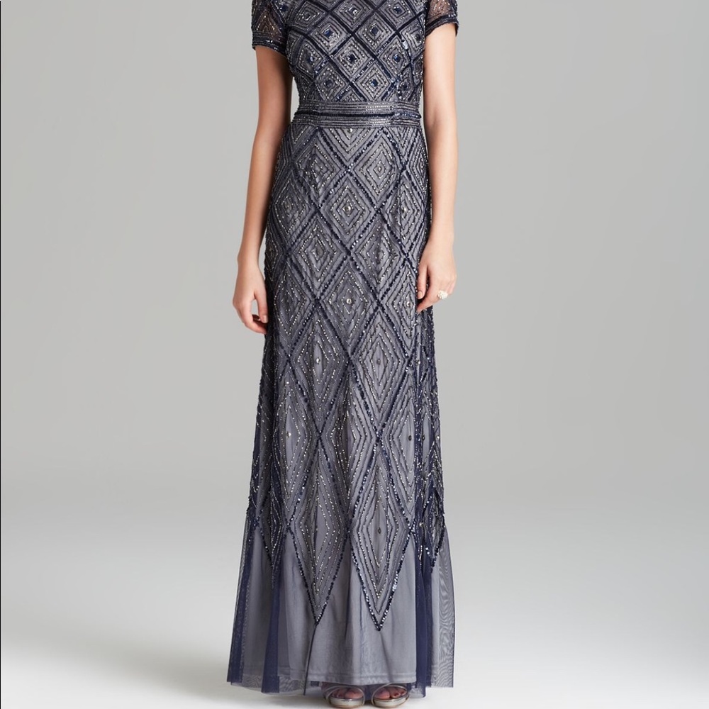 Adrianna Papell Deco Diamond Beaded Long Dress with Cap Sleeves - Navy/Charcoal